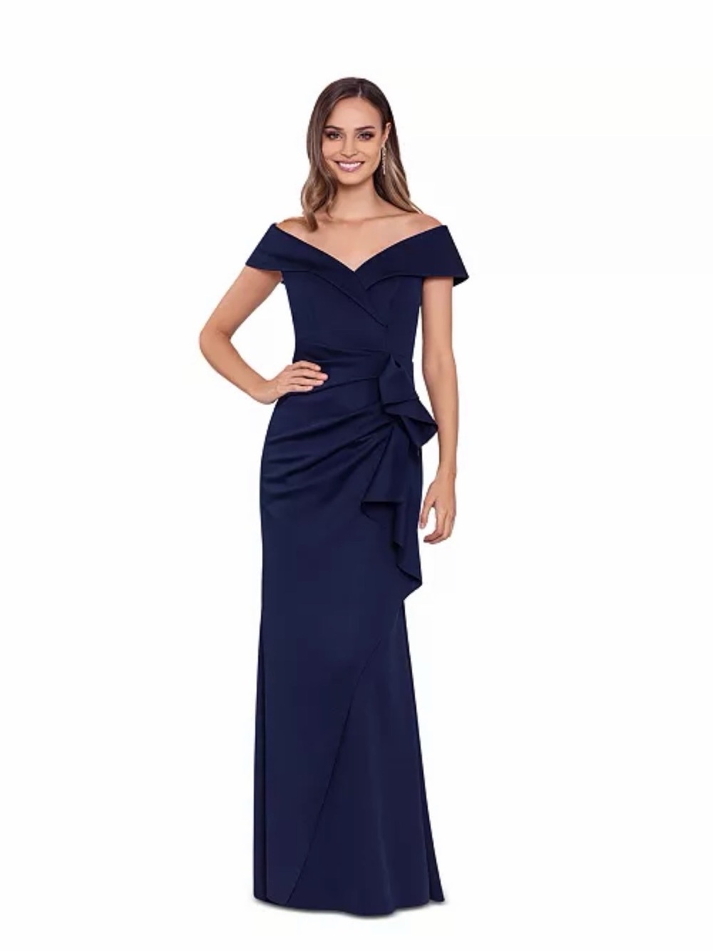 Xscape Off-Shoulder Navy Formal Gown with Side Ruffle